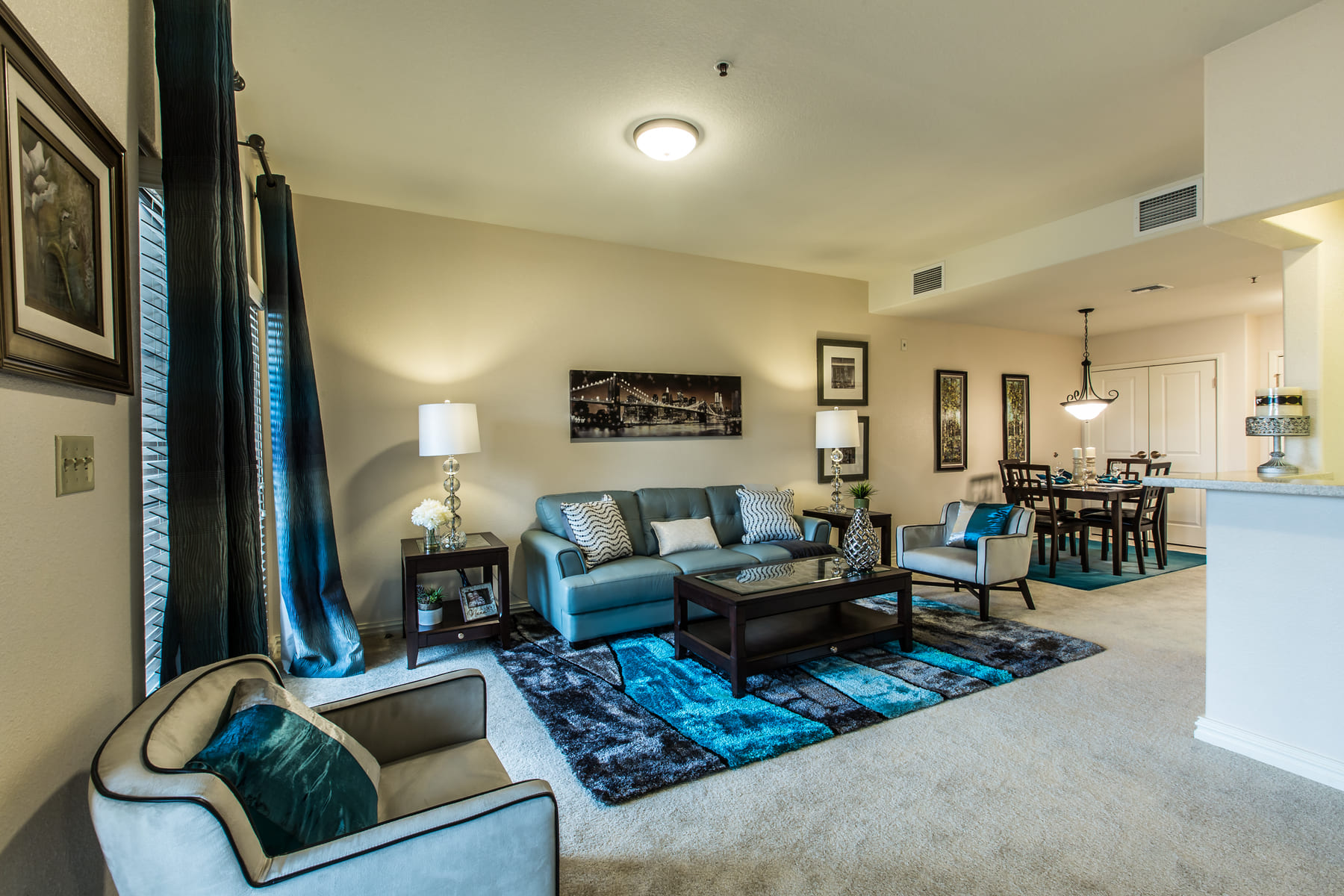 Teal couch in living room